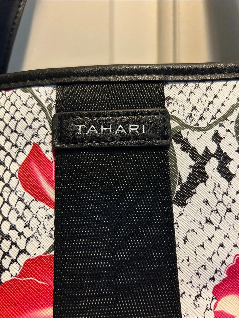 Tahari Black and Red Floral Snake-Print Tote